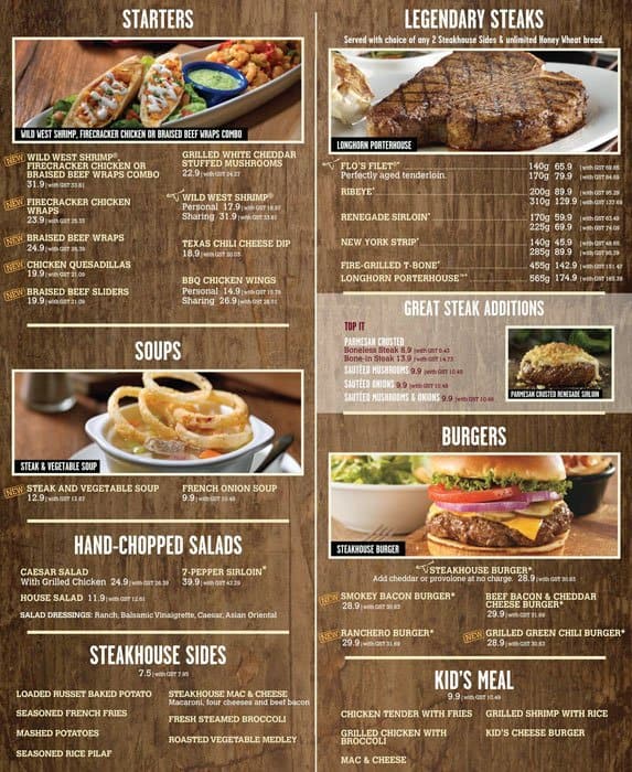 The Longhorn Steakhouse Menu, Menu for The Longhorn Steakhouse, Mutiara