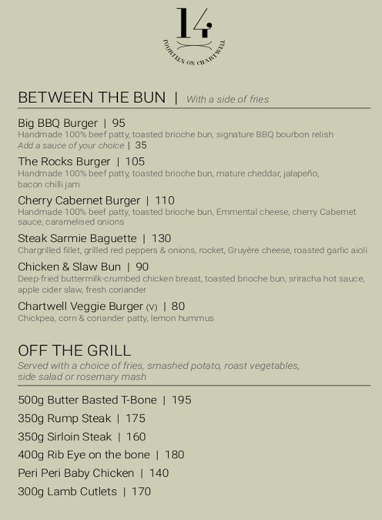 Menu at 14 on Chartwell pub & bar, Umhlanga