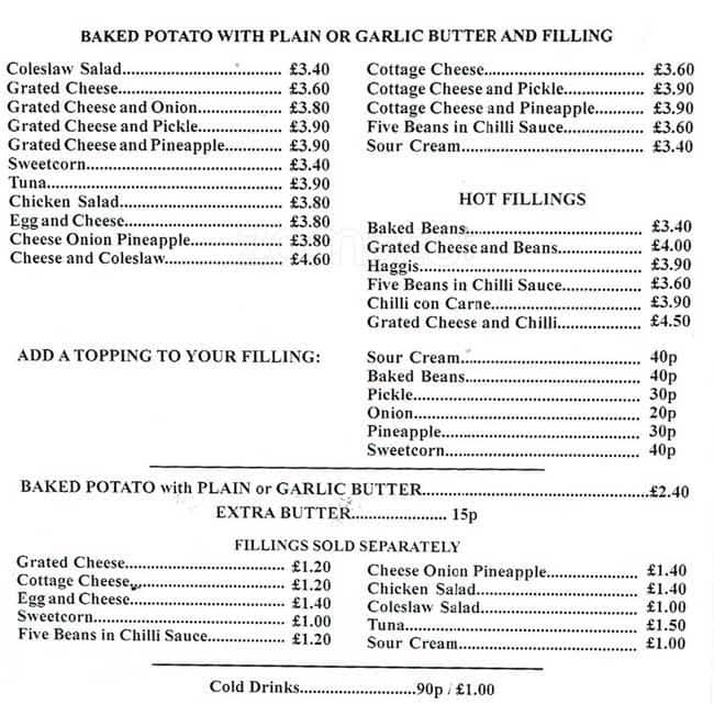 Potatoland menu