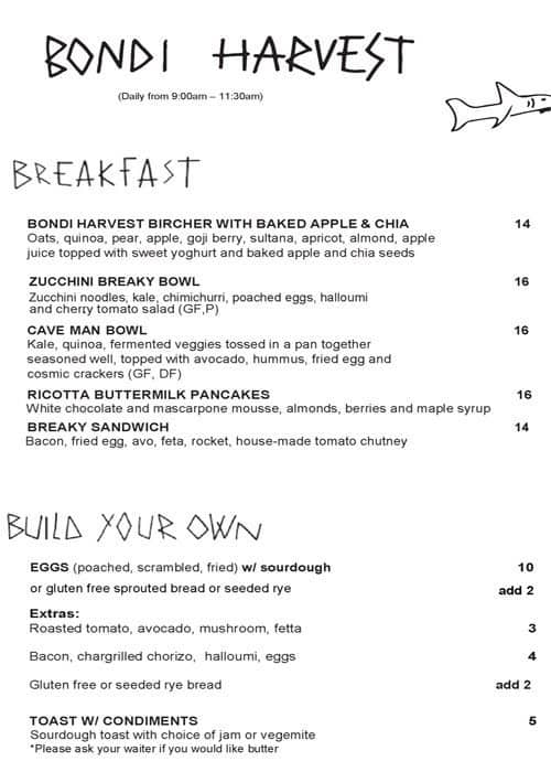Bondi Harvest Menu, Menu for Bondi Harvest, Bondi Junction, Sydney