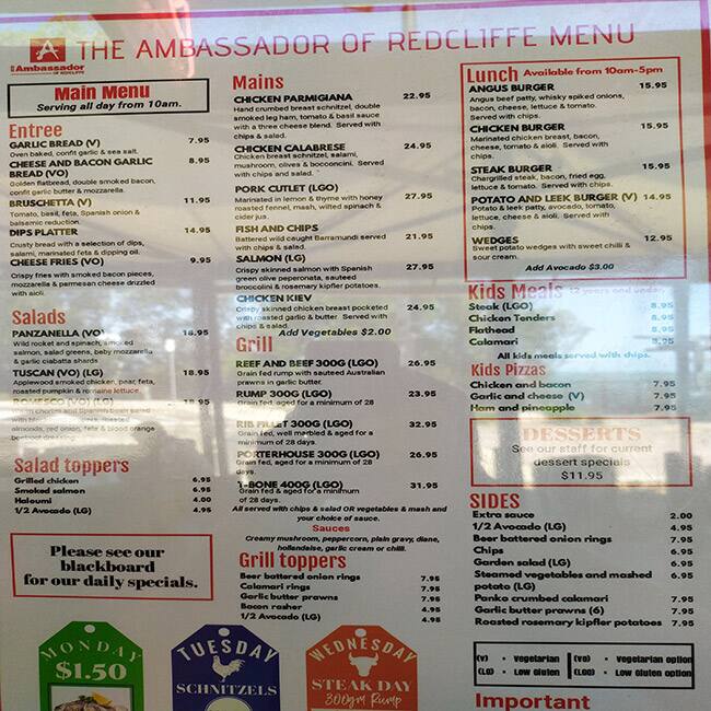 Menu At Ambassador Of Redcliffe Restaurant Redcliffe