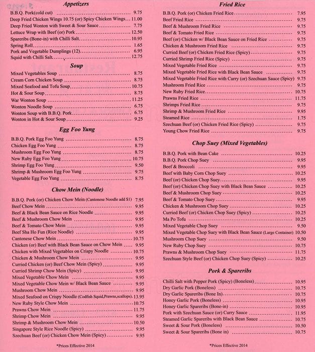 New Ruby Restaurant Menu, Menu for New Ruby Restaurant, North Delta