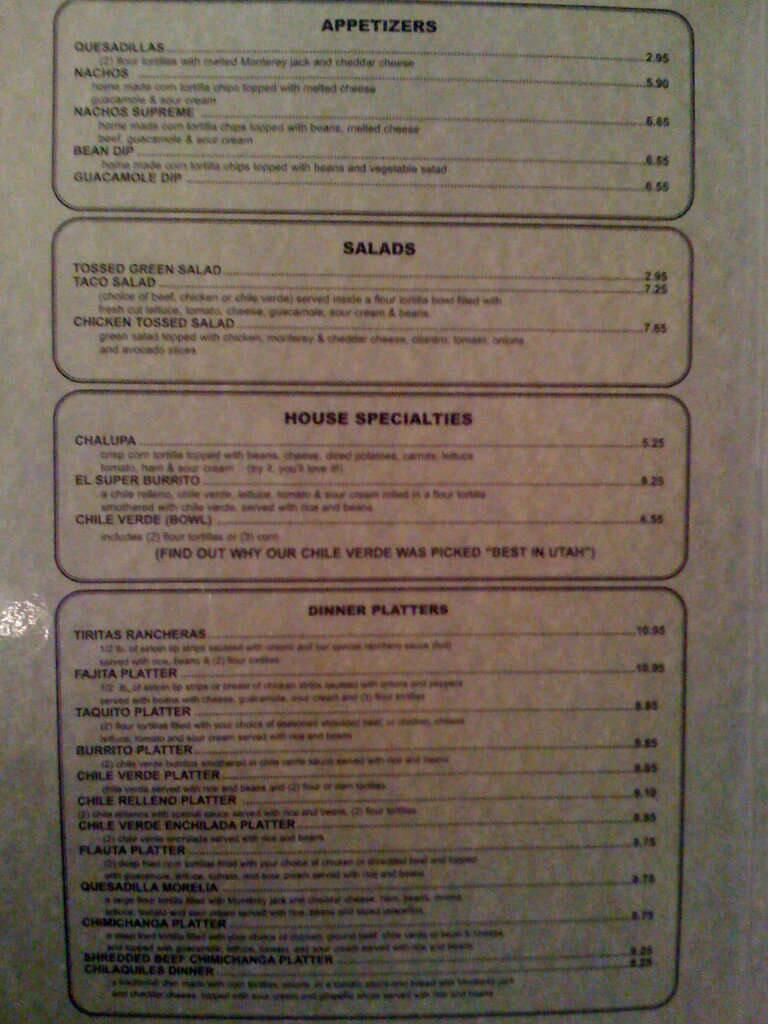 Menu at Restaurant Morelia, Salt Lake City
