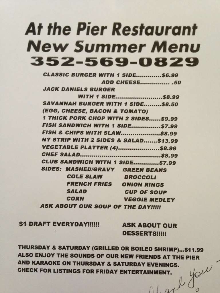 At the Pier Restaurant Menu, Menu for At the Pier Restaurant, Lake