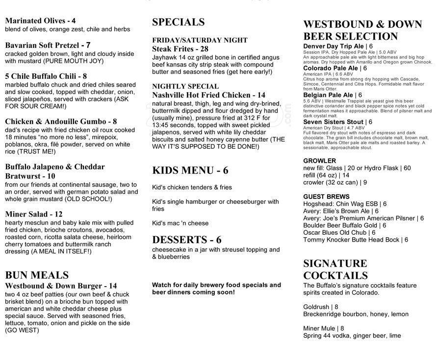 The Buffalo Menu, Menu de The Buffalo, Idaho Springs, Idaho Springs