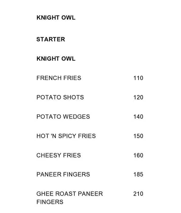 KNIGHT OWL CAFE menu