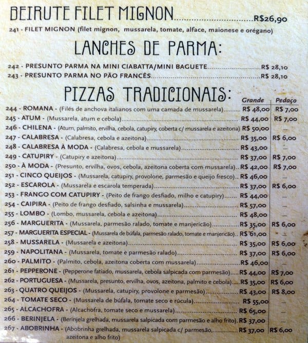 Pellegrino cardápio