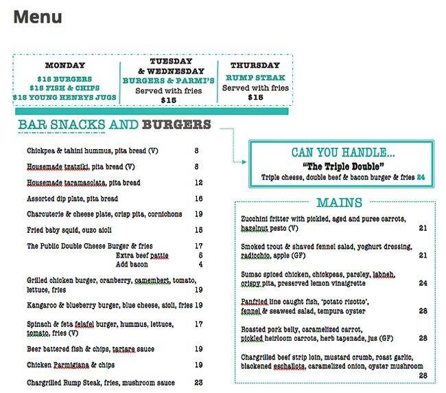 The Public Menu, Menu for The Public, Cammeray, Sydney Urbanspoon/Zomato