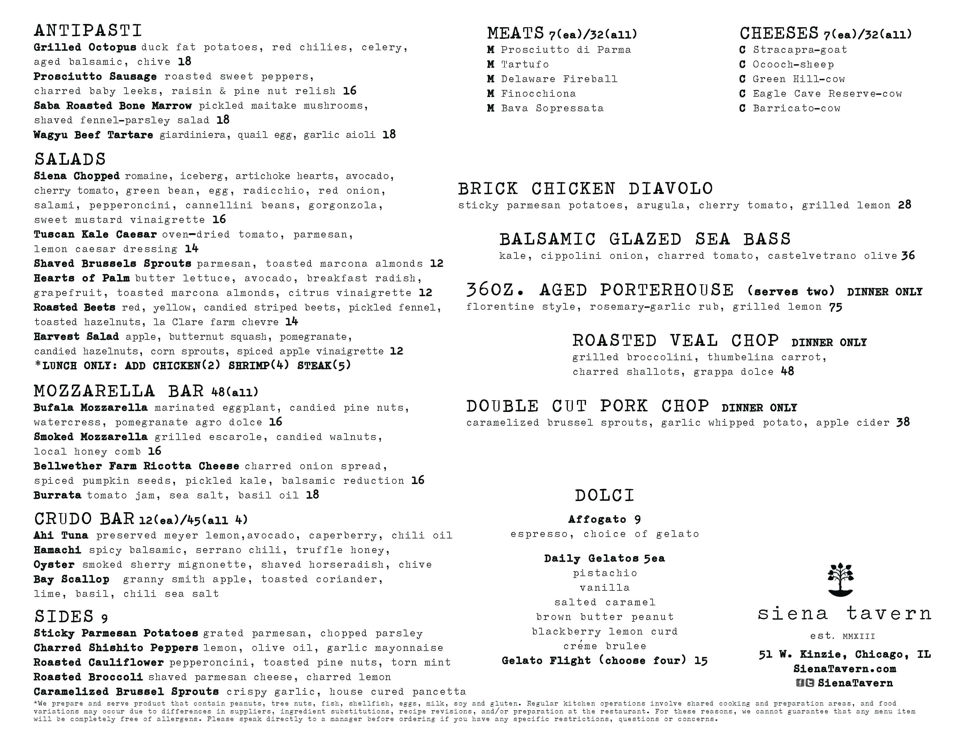 Menu at Siena Tavern restaurant, Chicago