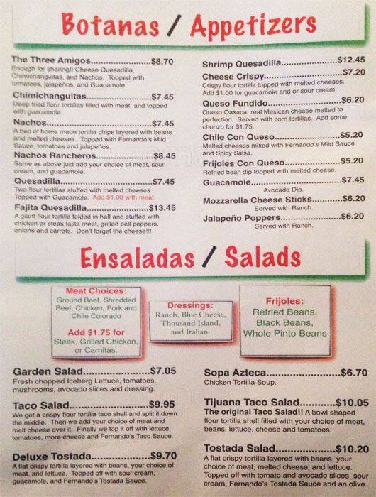 Menu at Fernando's Méxican Restaurant, San Mateo