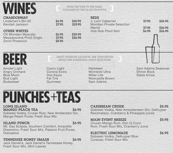 Main Event Menu, Menu for Main Event, The Woodlands