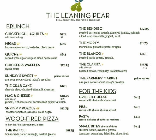 The Leaning Pear Menu, Menu for The Leaning Pear, Wimberley, Wimberley
