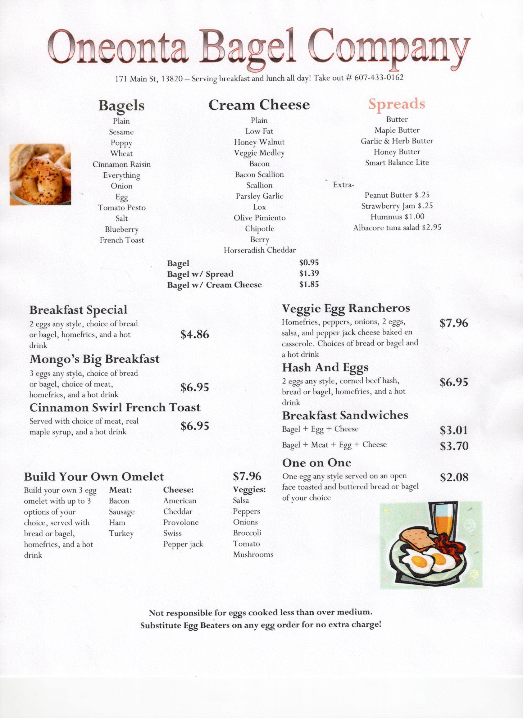 Menu at Oneonta Bagel Co cafe, Oneonta