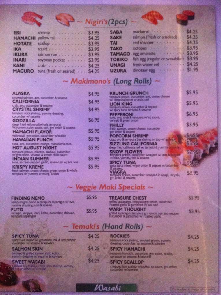 Wasabi Sushi Reno menu