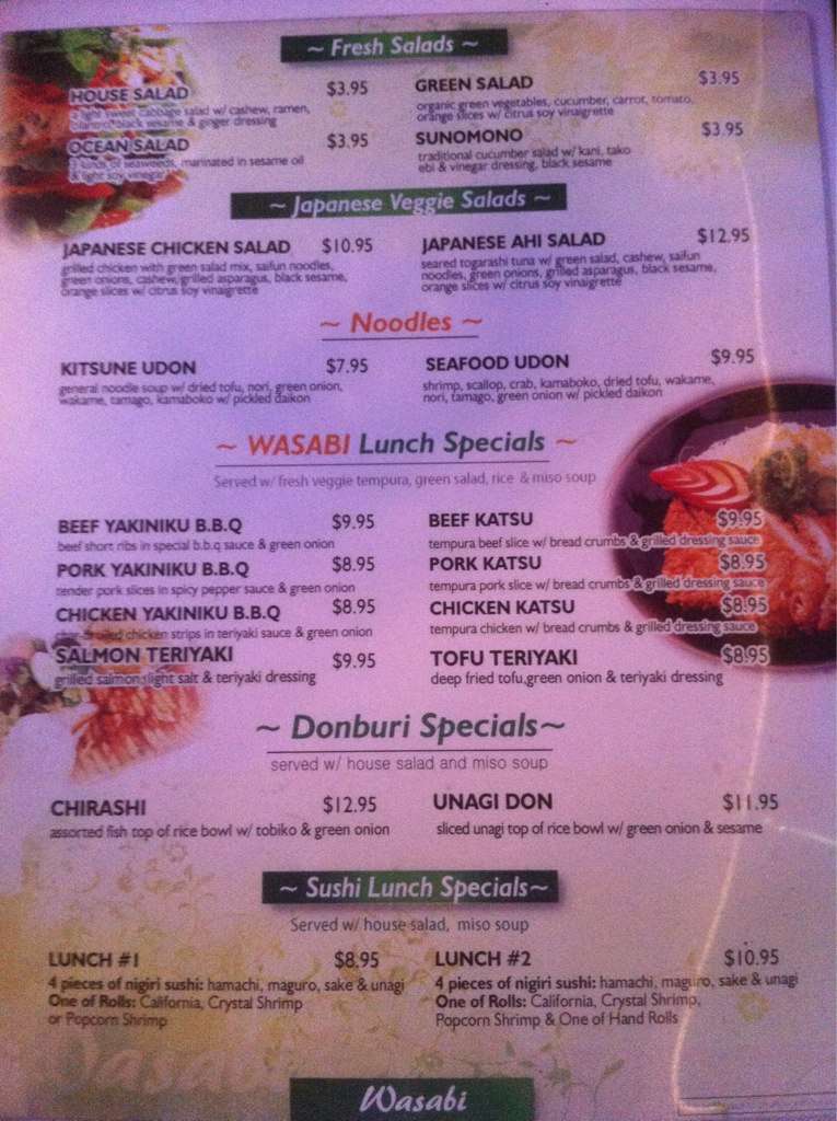 Wasabi Sushi Reno menu