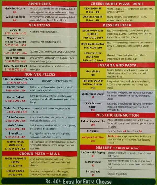 Menu at Torino, Bengaluru, 604, 1st Floor, 4th Cross, Hrbr Layout, Near ...