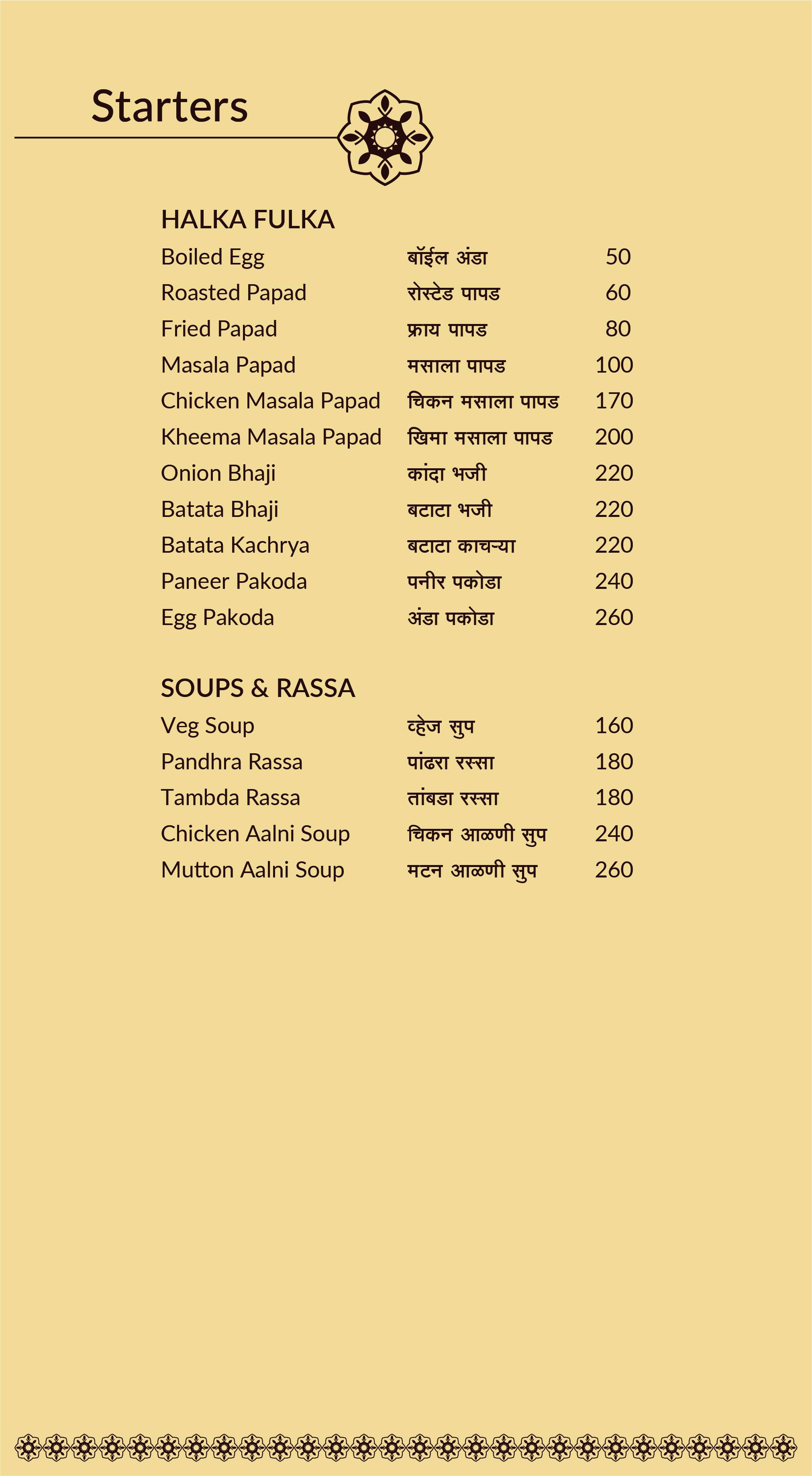 Menu of Maratha Samrat, Baner, Pune