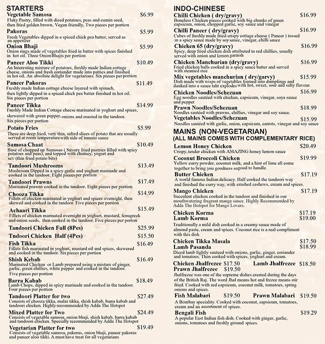 Menu at Adda The Hotspot Fine North Indian Restaurant & Bar, Lower Hutt ...