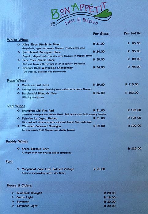 Menu at Bon Appetit - Bistro cafe, Clarens