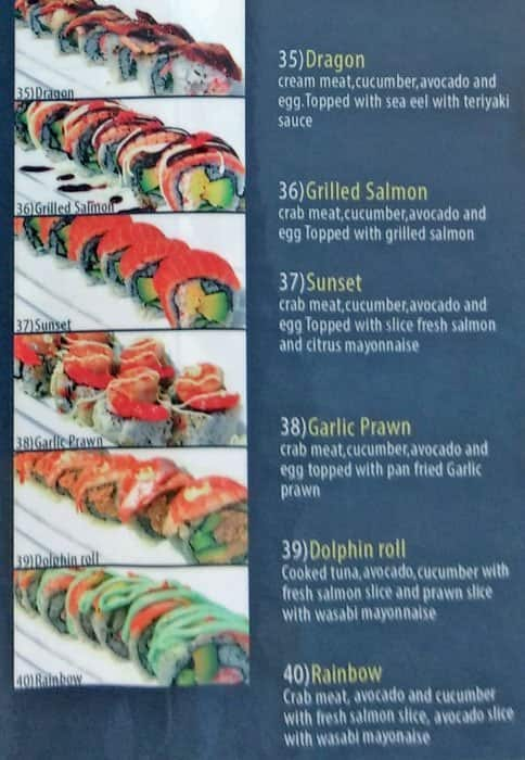 Menu at Boom Sushi restaurant, Mascot