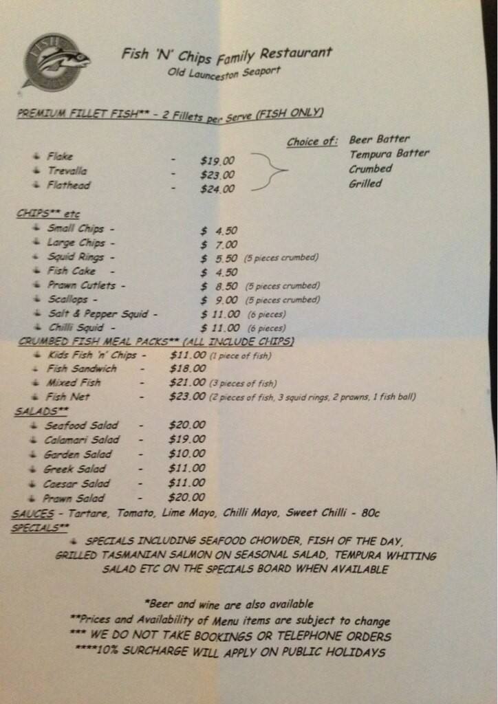Fish 'n Chips menu, Menu restauracji Fish 'n Chips, Launceston, Tasmania Urbanspoon/Zomato