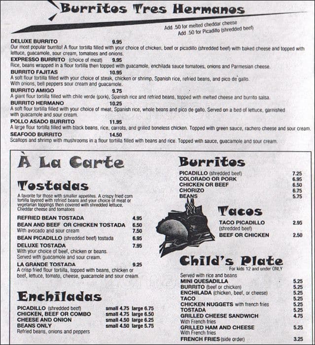 Menu at Tres Hermanos restaurant, Kirkland