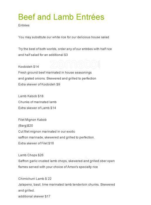 Menu at Amoo's Restaurant, McLean