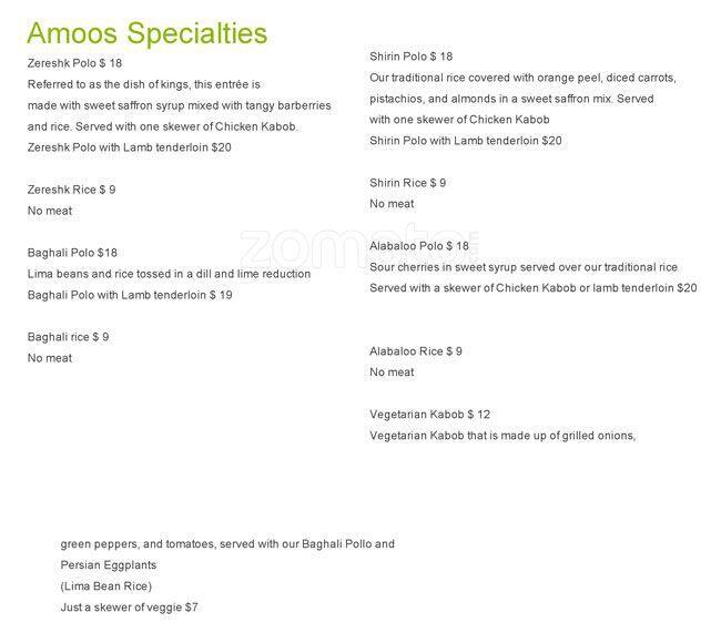 Menu at Amoo's Restaurant, McLean