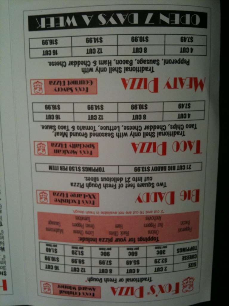 Fox's Pizza Den Menu, Menu for Fox's Pizza Den, Butler, Pittsburgh