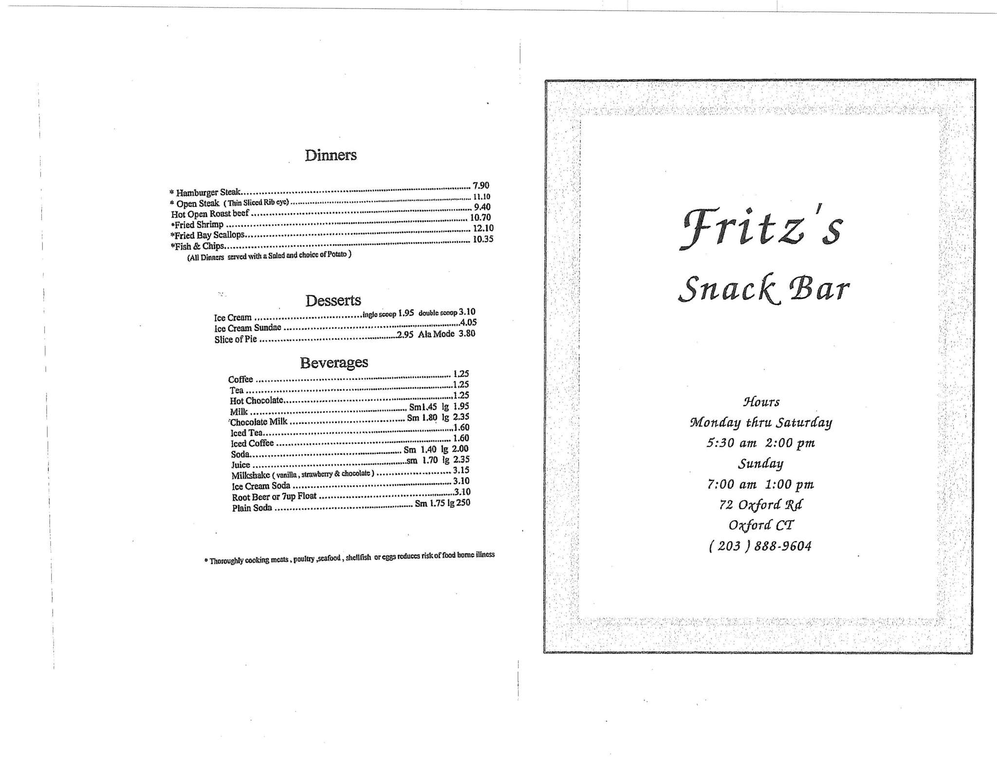 Bobby Fritz Snack Bar Menu, Menu for Bobby Fritz Snack Bar, Oxford, New