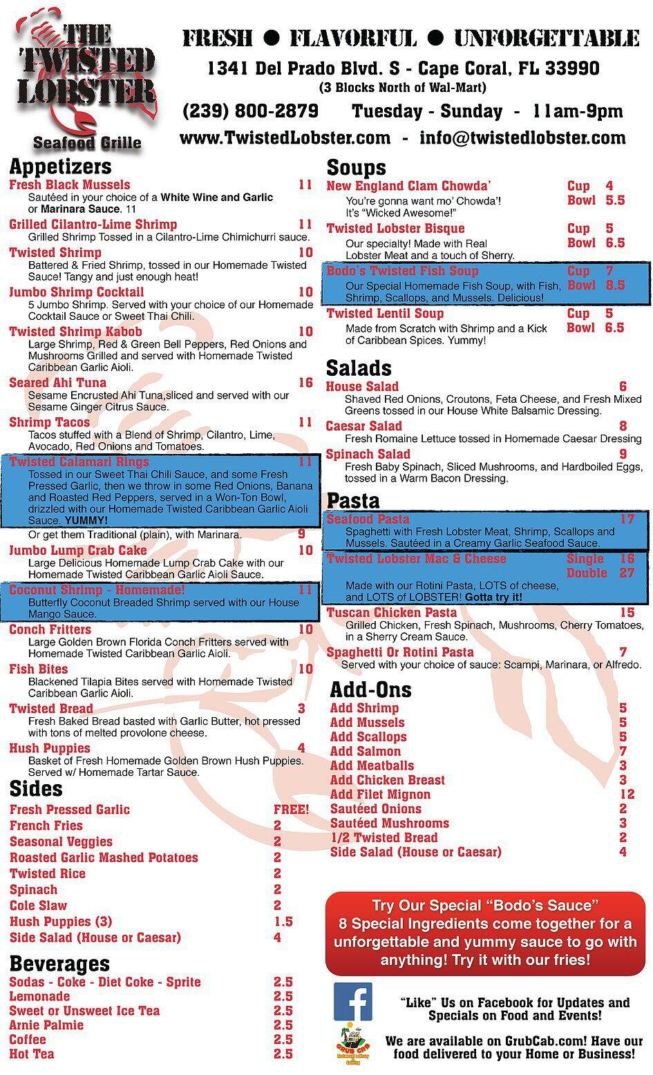 Twisted Lobster Menu, Menu for Twisted Lobster, Cape Coral, Fort Myers