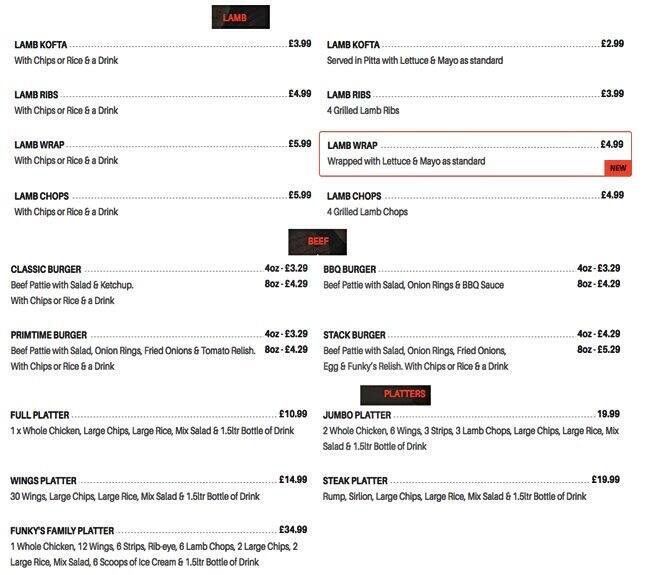 Funky Flavours menu
