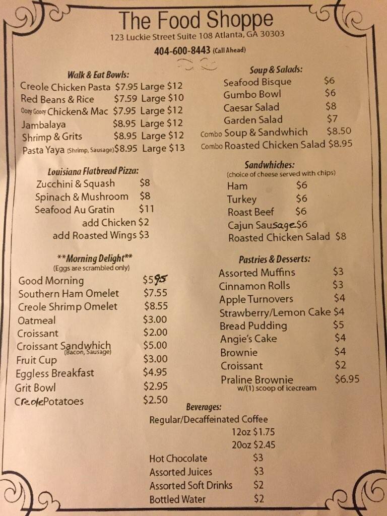 Menu at The Food Shoppe restaurant, Atlanta