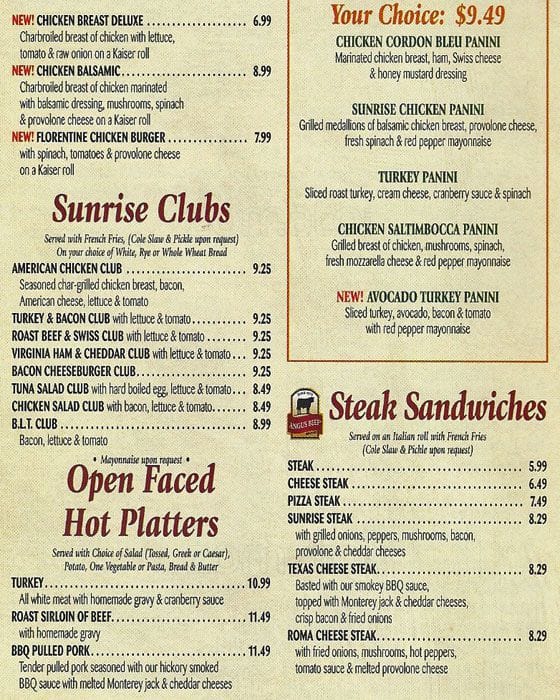 Menu at Sunrise Diner restaurant, Croydon, 416 Bristol Pike