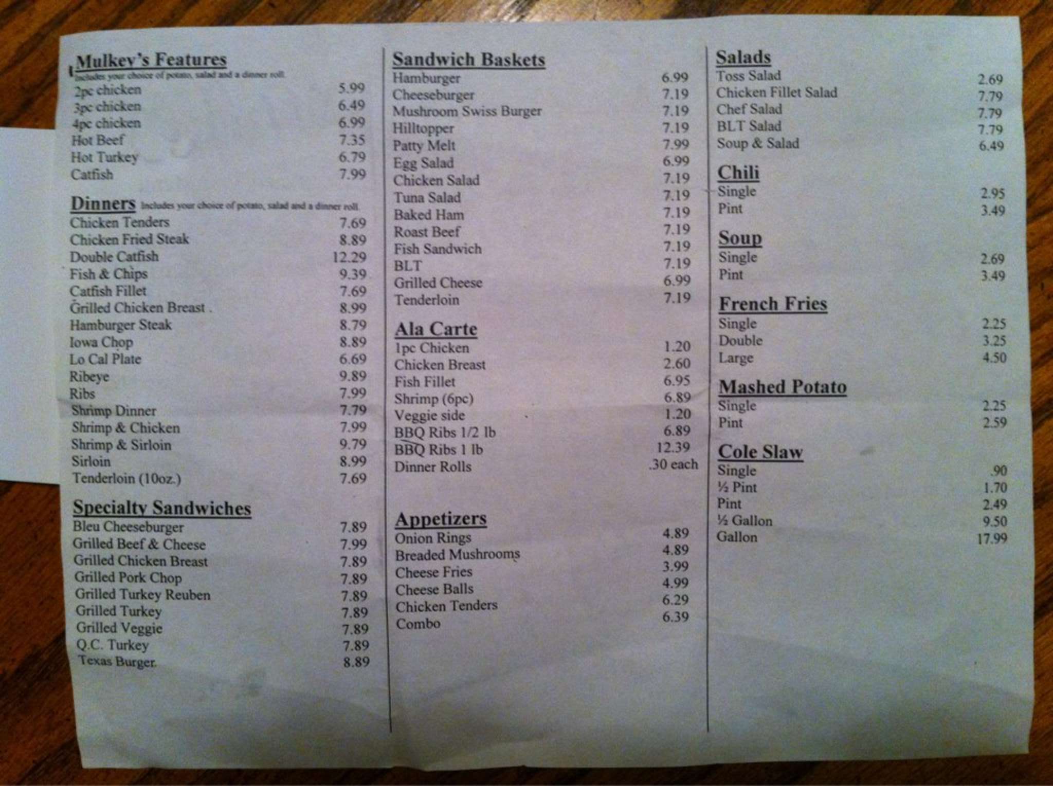 Mulkey's Restaurant Menu, Menu for Mulkey's Restaurant, Rock Island