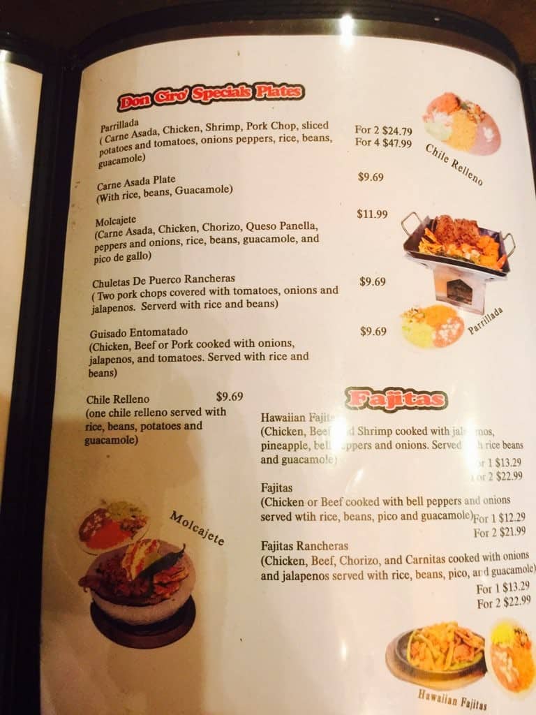 Menu at Don Ciro's restaurant, Seminole