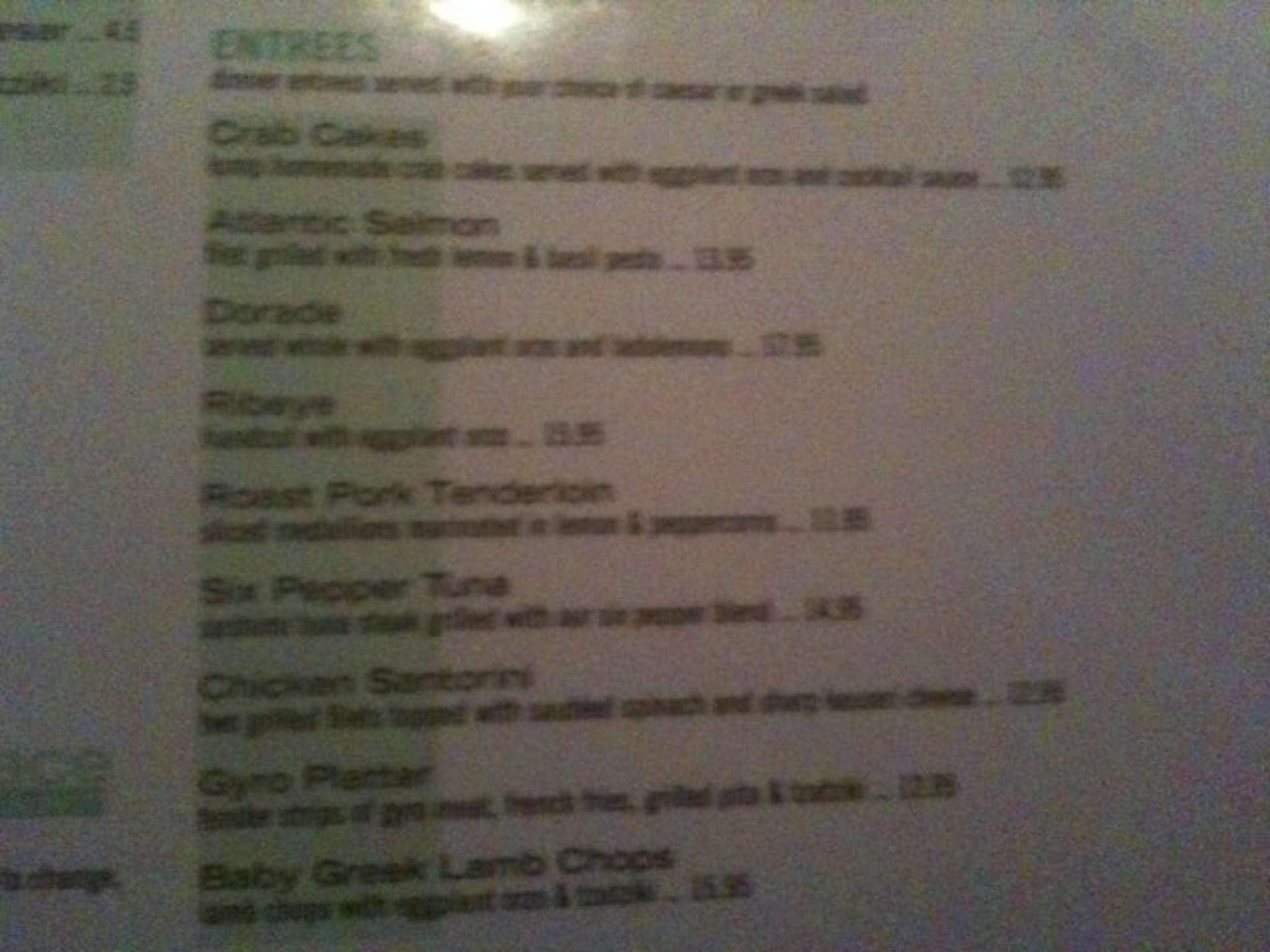 Menu at Place restaurant, Cape May