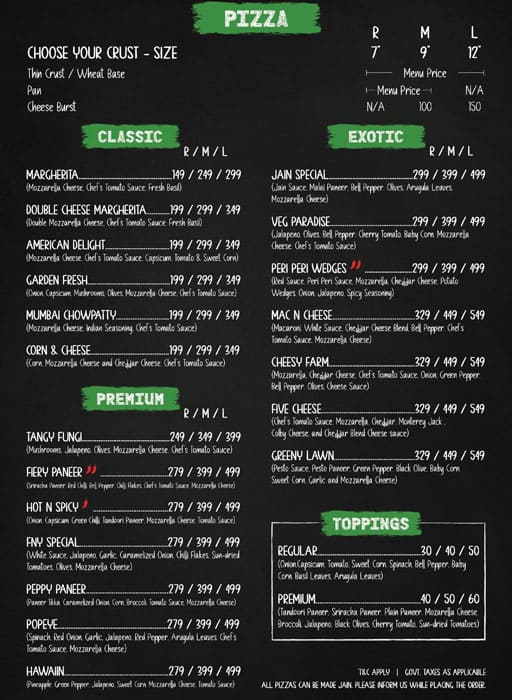 Menu of Franco’s Pizzeria, Kandivali West, Mumbai