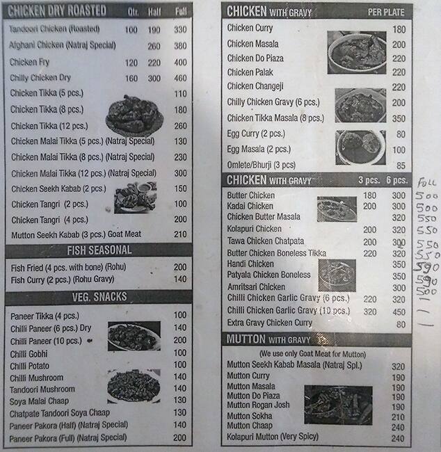 Menu at Natraj Restaurant, New Delhi
