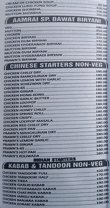 Hotel Aamrai Kitchen menu