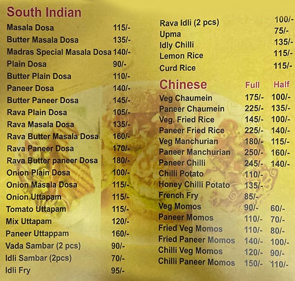 Madras Restaurant menu