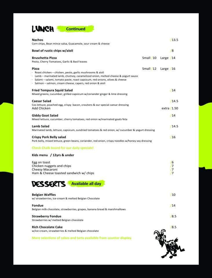 Menu at Giddy Goat Cafe & Bar, Rockhampton City