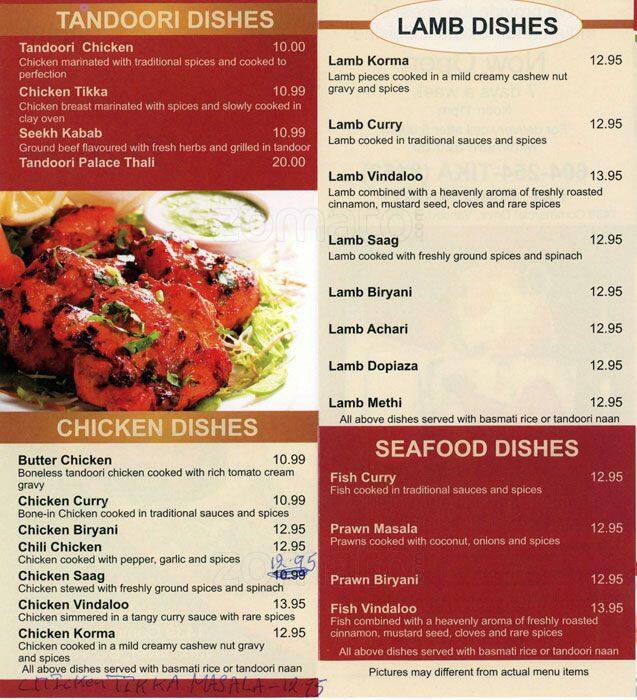 Menu at Tandoori Palace restaurant, Vancouver