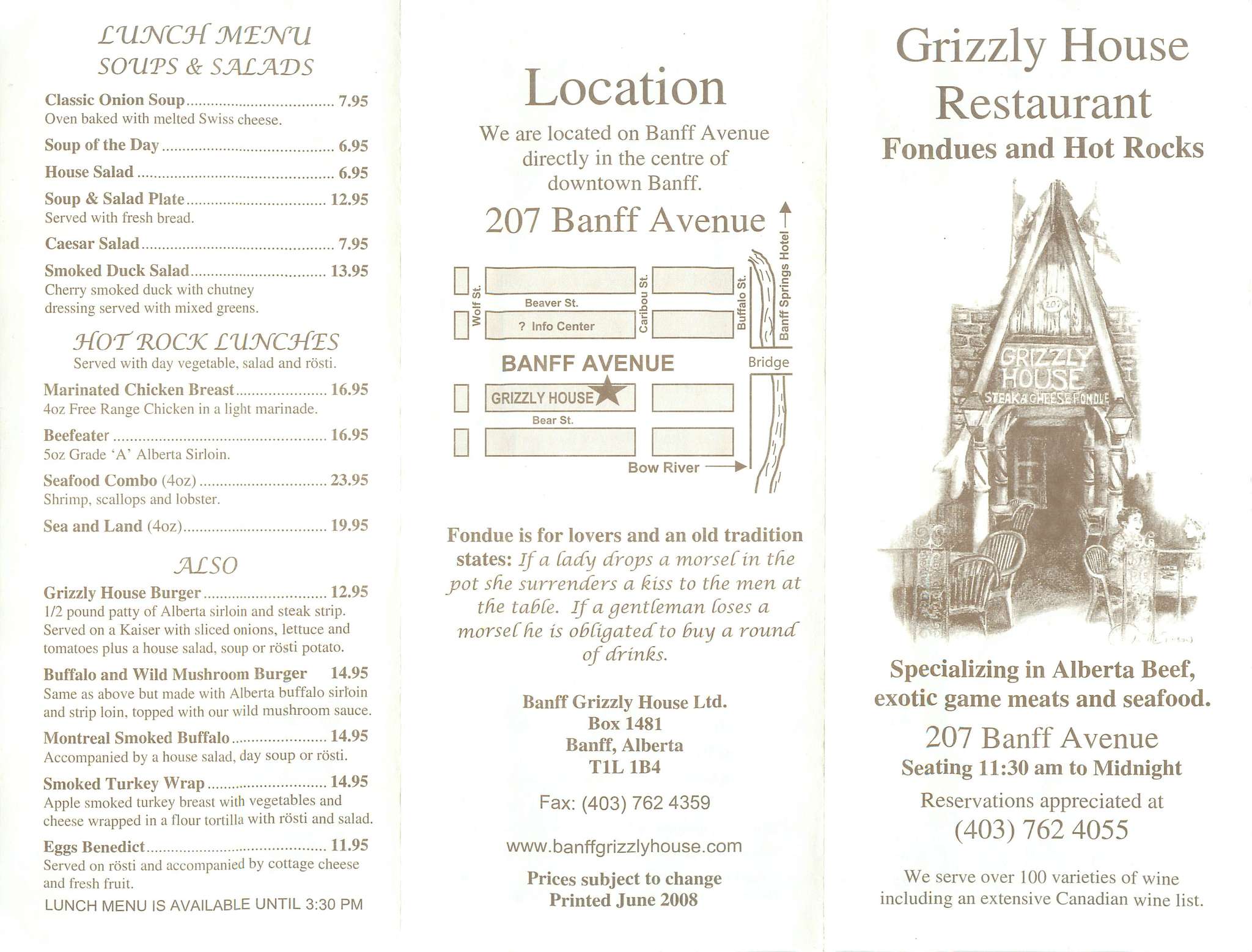 Grizzly House Menu, Menu for Grizzly House, Banff, Banff Urbanspoon