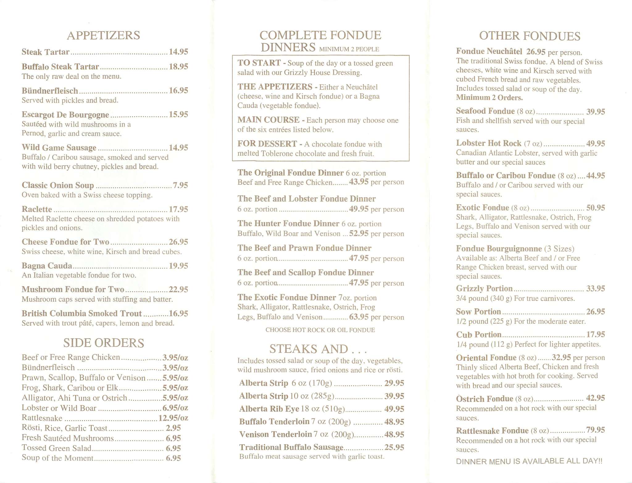 Menu at Grizzly House restaurant, Banff