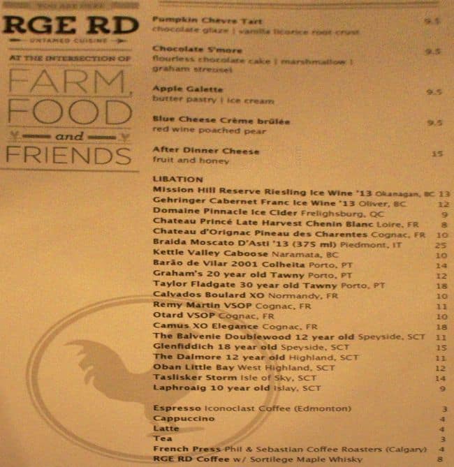 Menu at Rge Rd restaurant, Edmonton