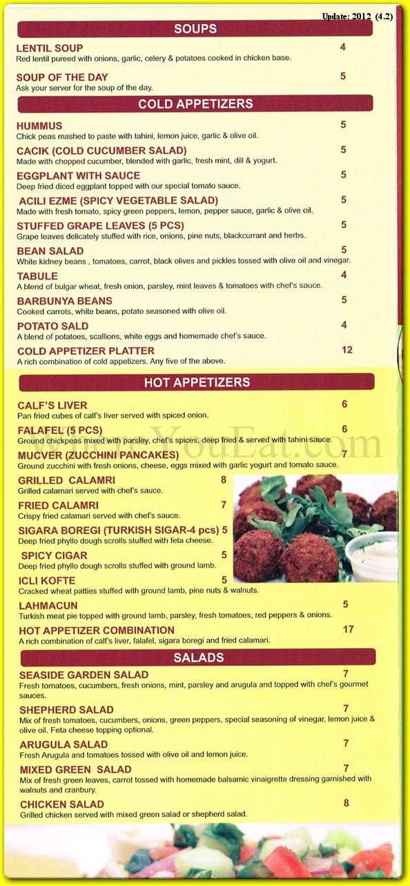 Seaside Turkish Restaurant Menu Urbanspoon/Zomato