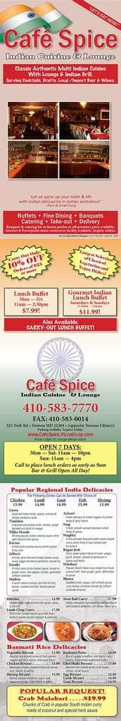 Cafe Spice Menu Menu For Cafe Spice Cockeysville Hunt Valley Baltimore