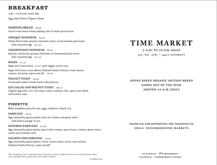 Time Market Menu, Menu for Time Market, Fourth Avenue, Tucson