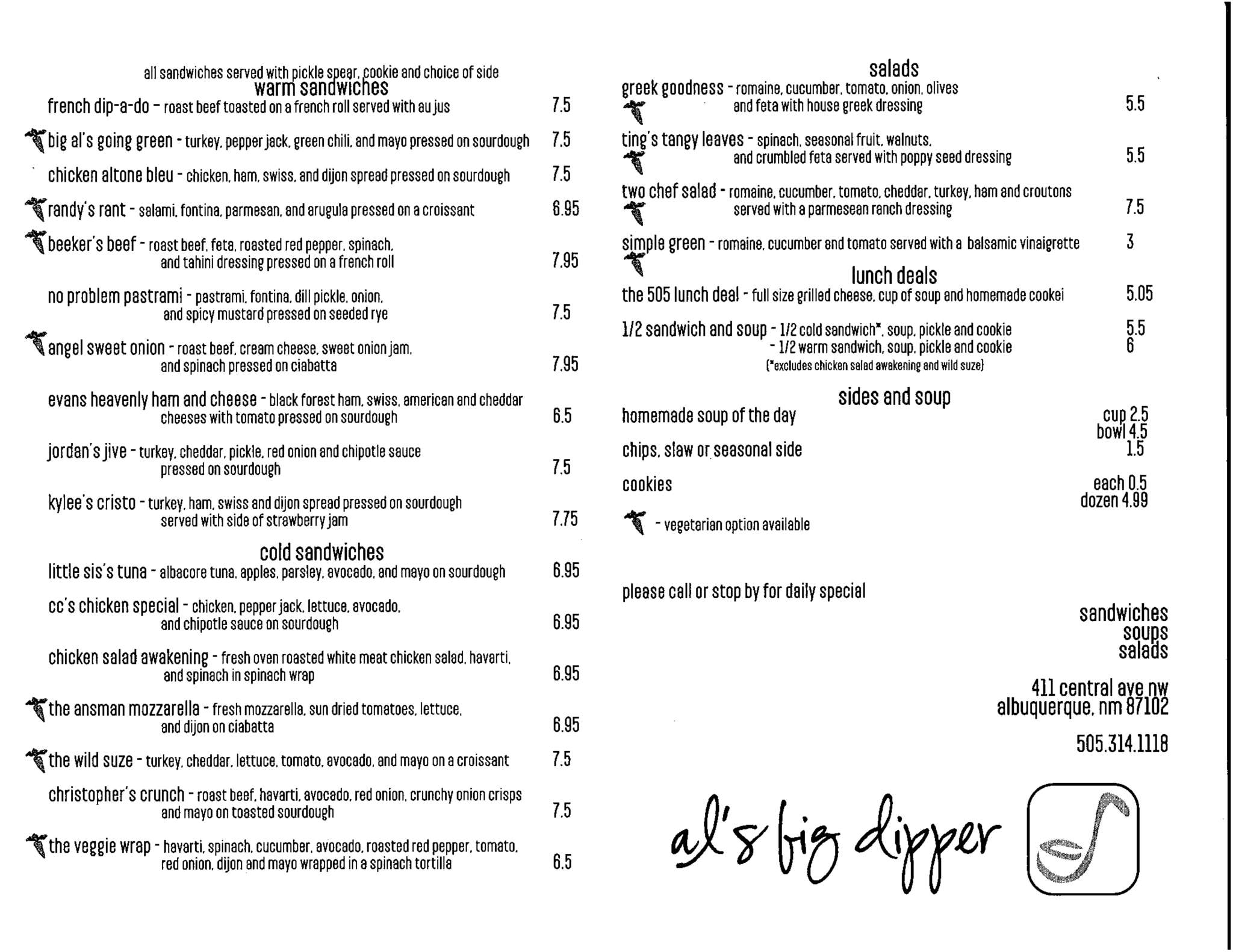 Al's Big Dipper Menu, Menu for Al's Big Dipper, Downtown, Albuquerque